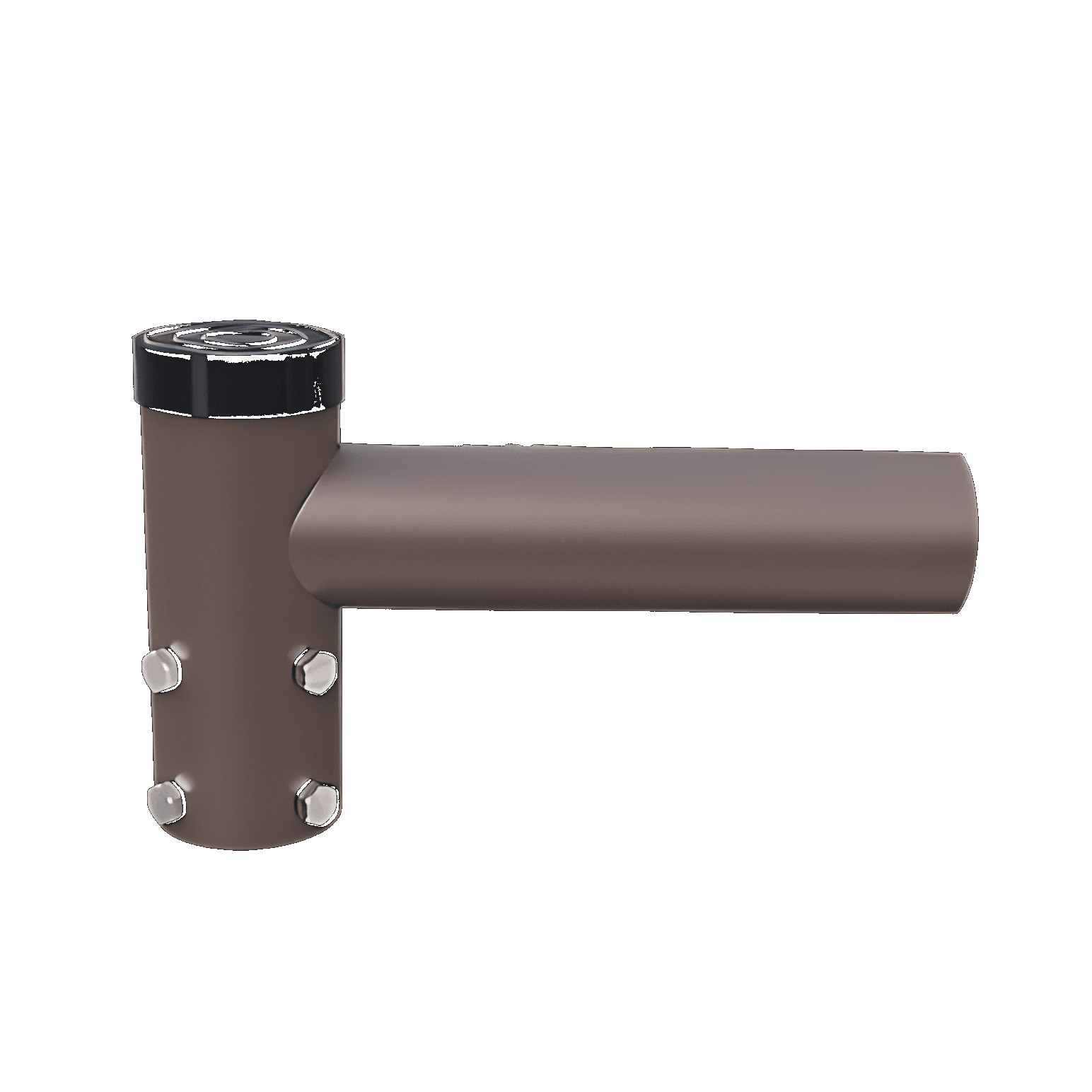 A heavy-duty vertical main body with four large, hexagonal stainless steel bolts, providing a firm, adjustable grip on the support pole.