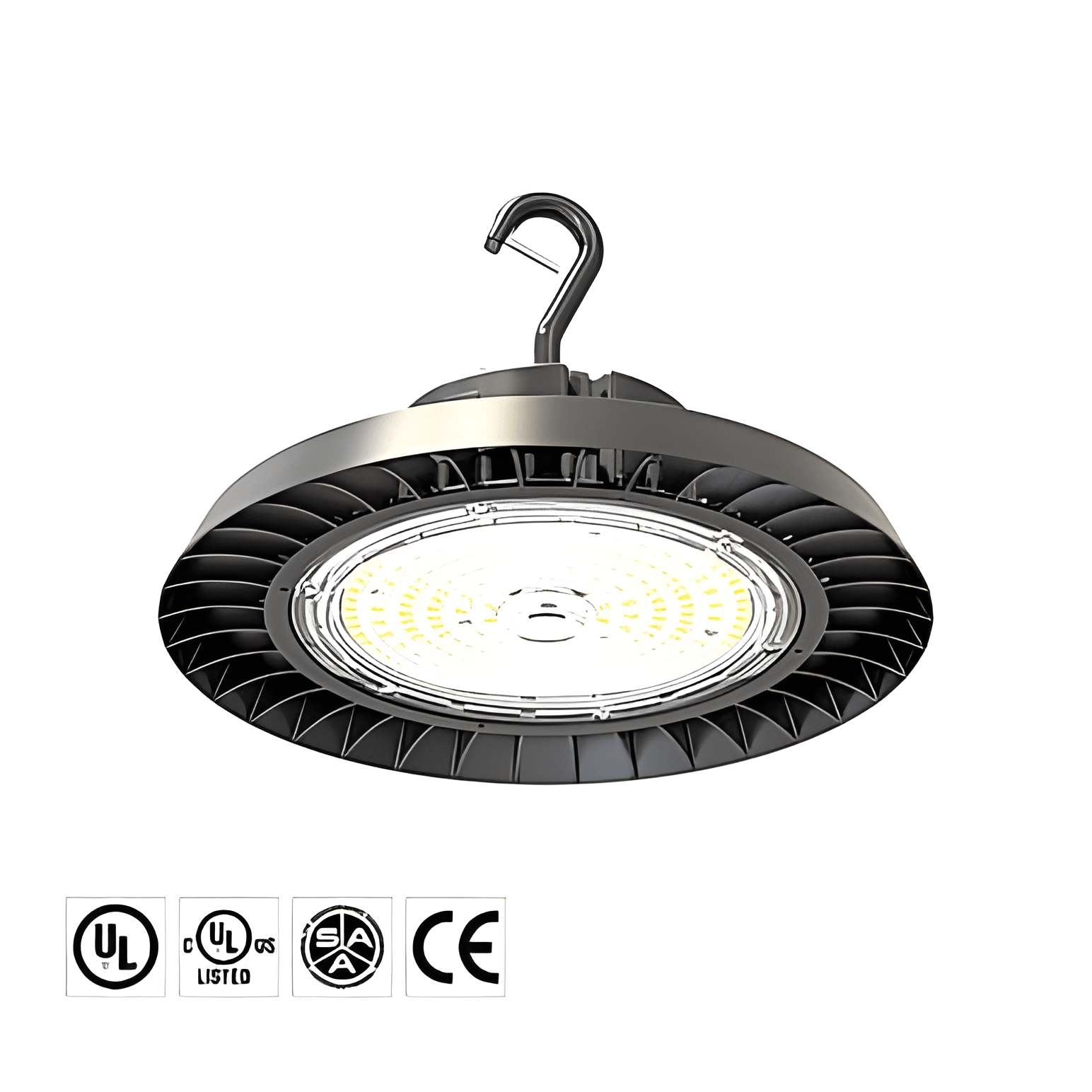 210 lm/W ultra-high efficiency LED high bay light for industrial warehouses.