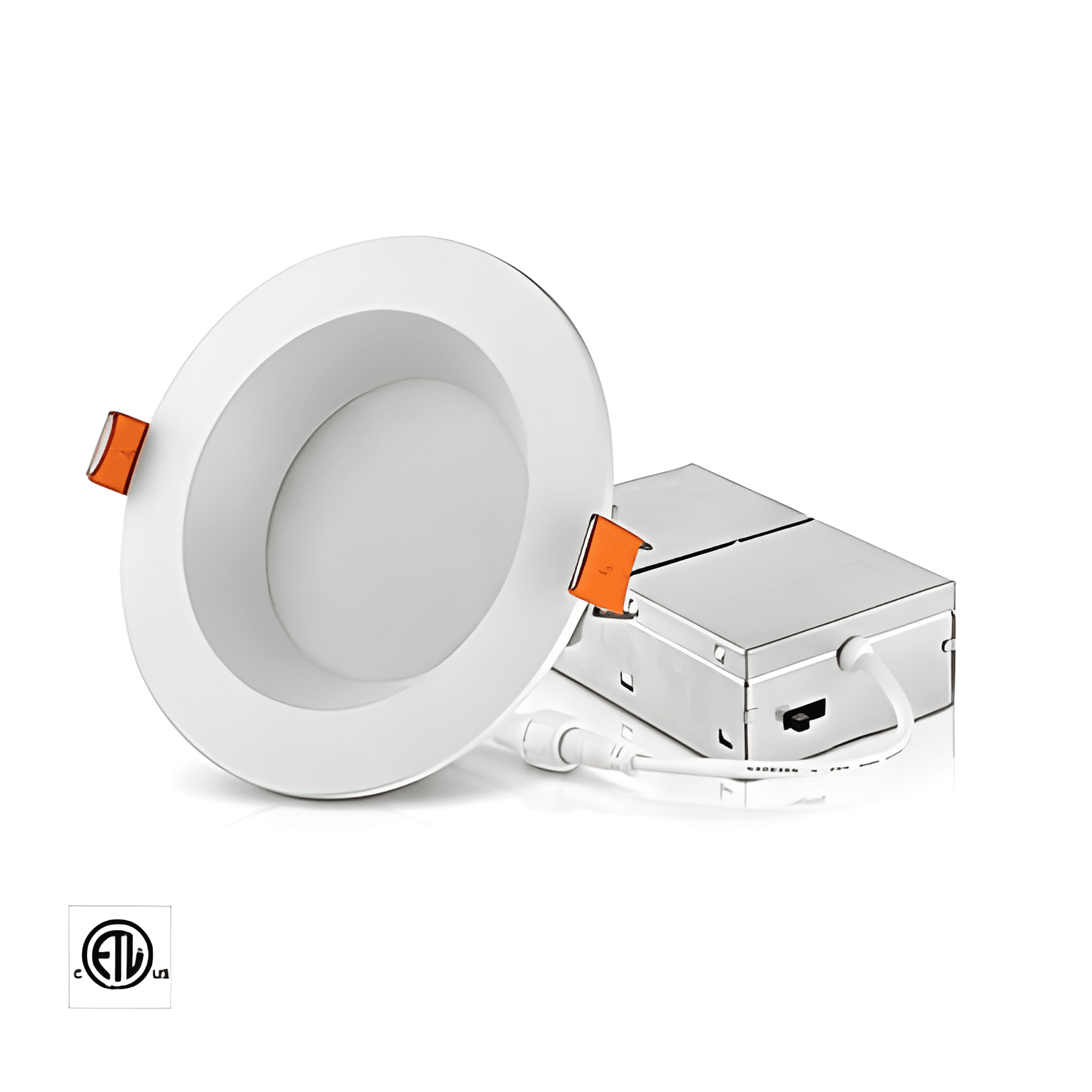 AAB TEC 6 inch canless LED downlight white finish with smooth recessed trim and flat diffuse lens, front view