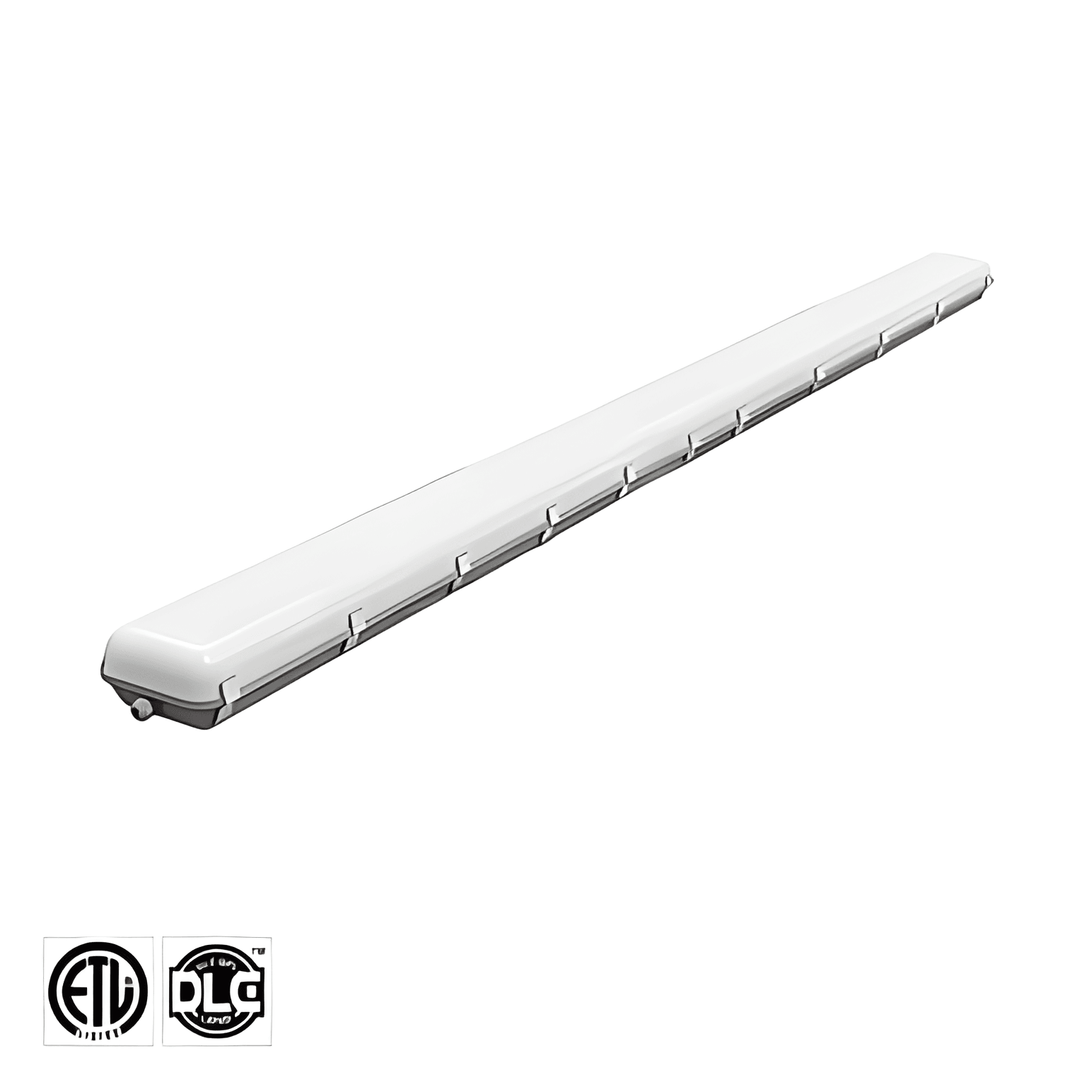 8FT IP65 LED vapor tight fixture full view with frosted polycarbonate lens, durable plastic housing and stainless steel toolless entry clips