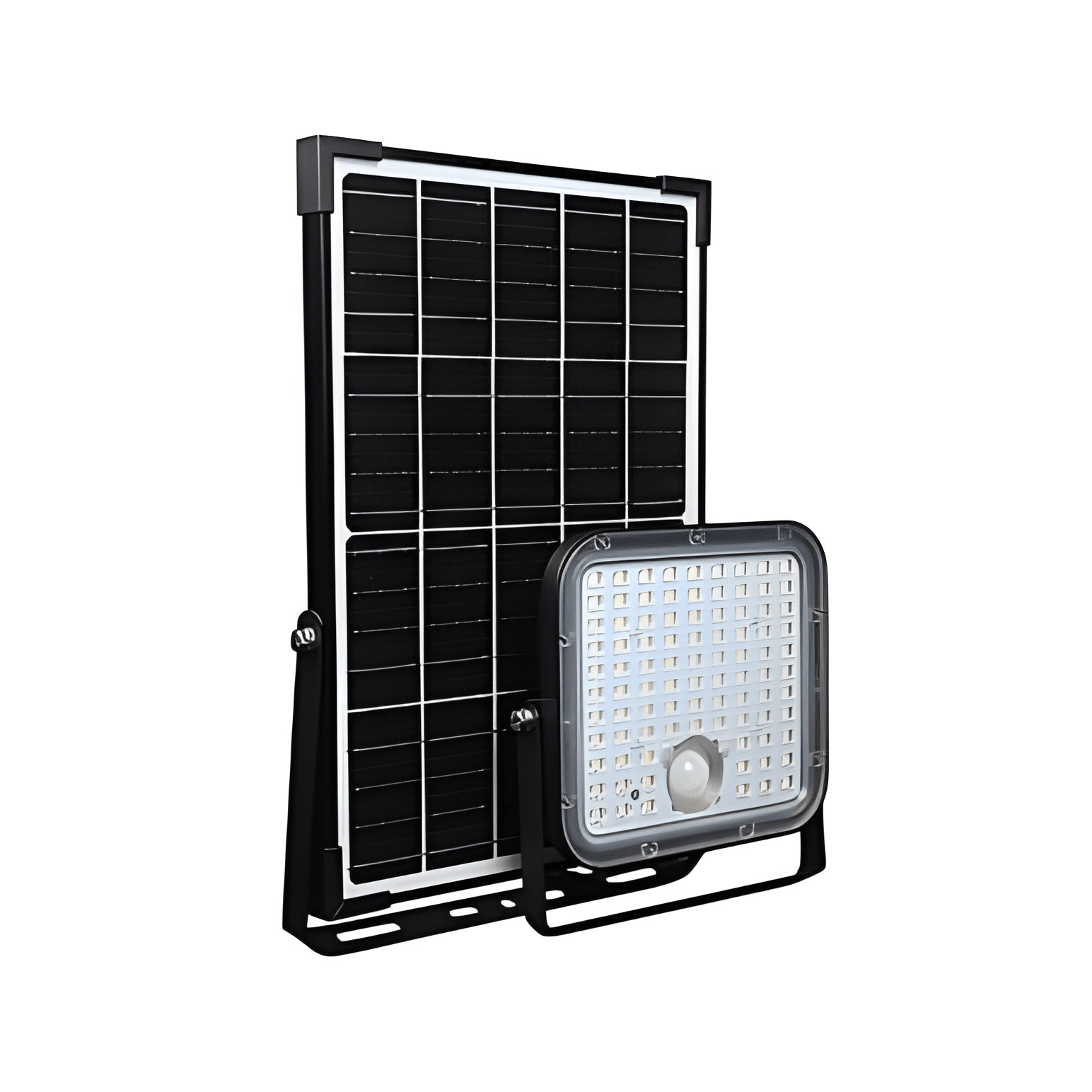 High-performance 30W solar LED flood light with a separate monocrystalline solar panel and mounting bracket for residential and commercial security.