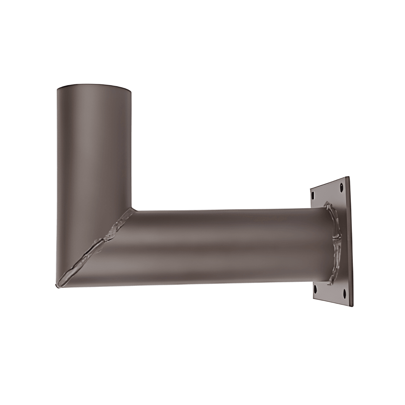 Heavy-duty brown powder-coated steel light fixture arm bracket with square mounting base, designed for outdoor wall installation.