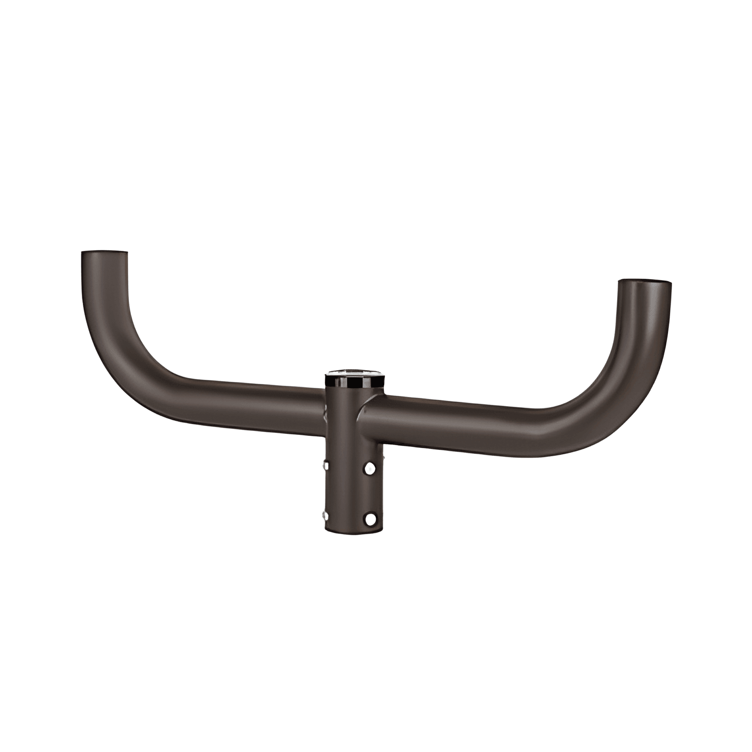 Dark brown U-shaped double-arm light fixture bracket adapter kit, showcasing robust metal construction and central pole mounting for outdoor LED street lights.