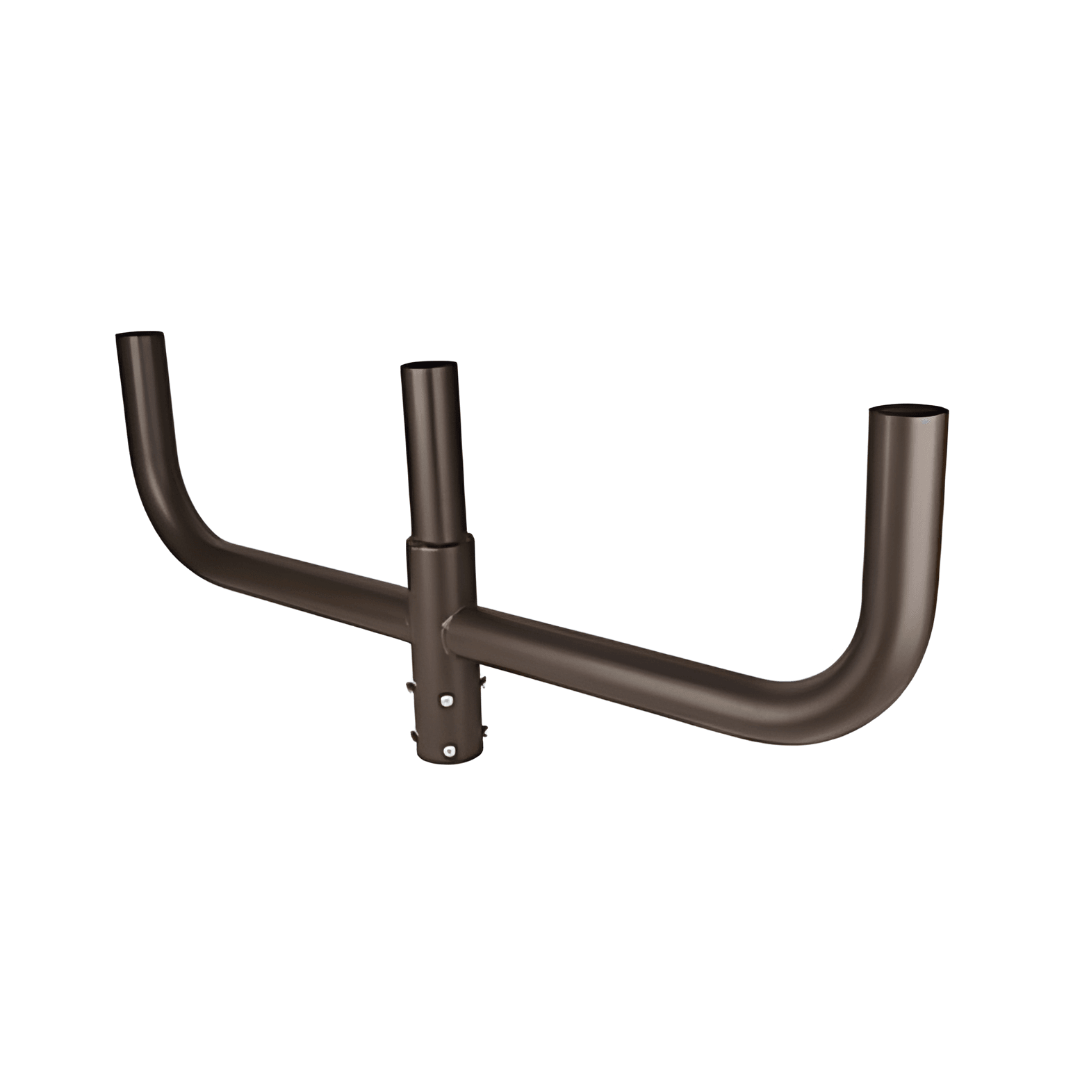 Brown powder-coated metal lighting bracket with dual curved arms and central pole mount for outdoor street lights.